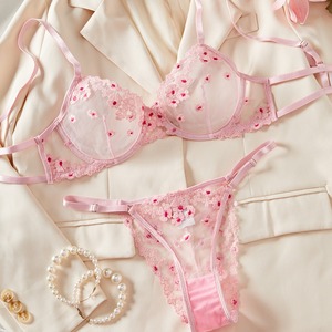 Ventes chaudes : Ensemble de soutien-gorge et culotte en dentelle florale exotique transparente en maille brodée imprimée, confortable et sexy pour femmes - Product Image 4