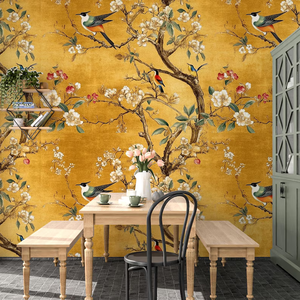 Opulenta Carta da Parati Autoadesiva Dorata con Motivi Floreali e Uccelli in Stile Chinoiserie, Decorazione Tradizionale per Interni, Camera da Letto e Soggiorno - Product Image 2