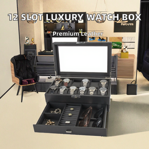 Black Rectangle <b>Watch</b> Box With Glass Lid Multi Compartment Display Storage Drawer Leatherette <b>Case</b> Dustproof Faux Leather - Product Image 2