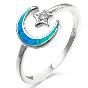 Sólido hermoso de plata 925 Piedra de Luna y estrella azul ópalo anillo con Cz pequeña australiano de joyería de ópalo