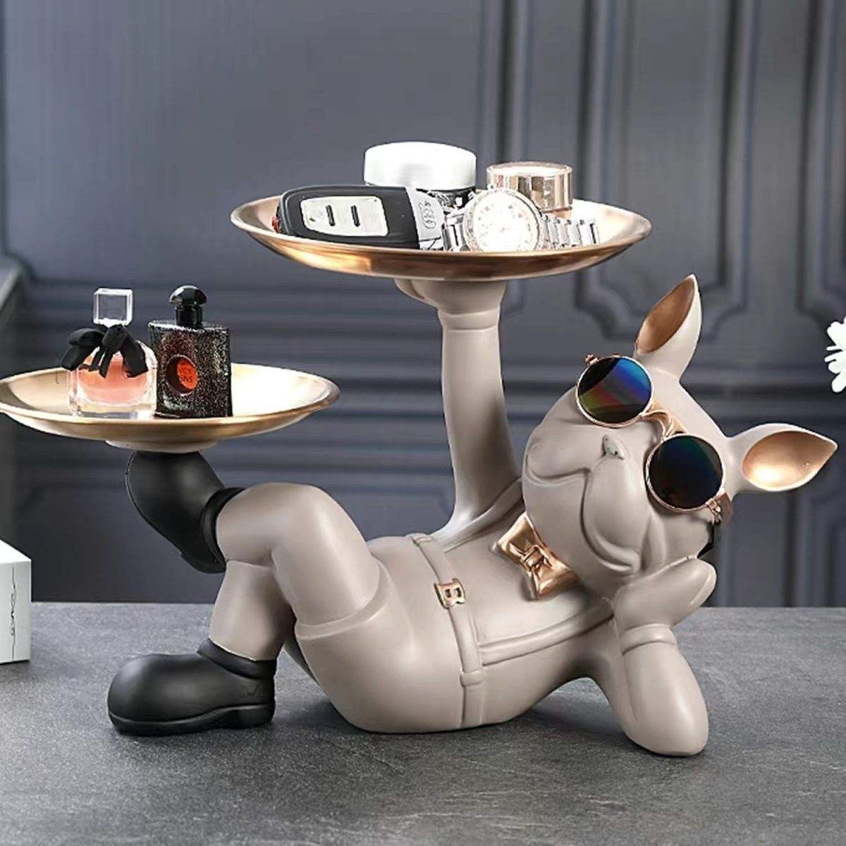 French Bulldog Statue With Tray for Home Decoration
