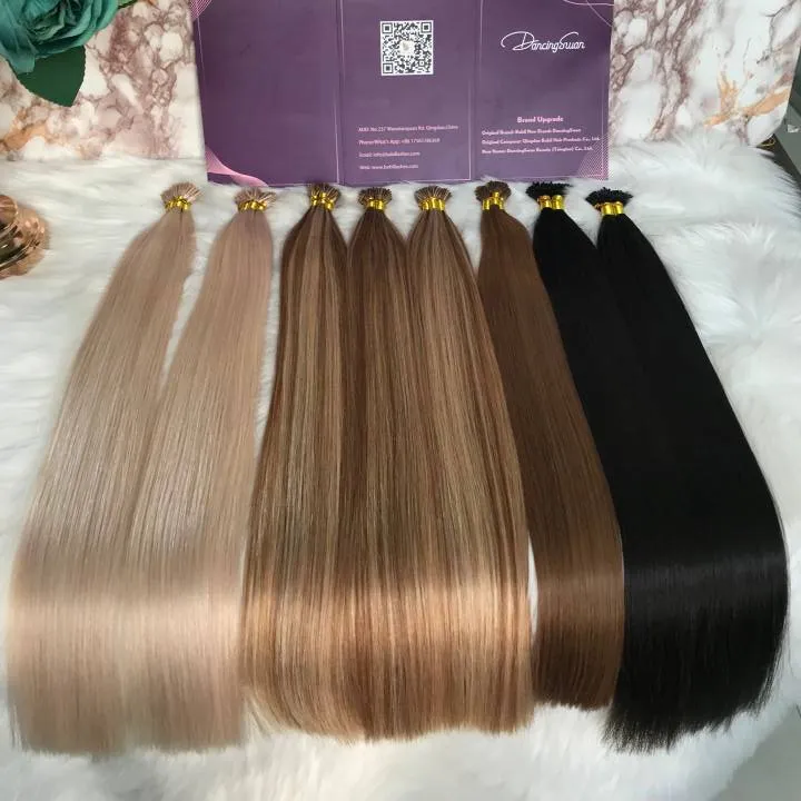 Vente en gros de Cuticules Brutes Alignées Russe Double Dessiné Itip Extension de Cheveux Kératine Stick I Tip Remy Extensions de Cheveux Humains 100 Grammes