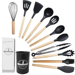 Custom Logo Kitchen Accessories Tools Home Cookware 12 Pcs Silicone Kitchen <b>Cooking</b> Utensils Set <b>Kit</b> With Wooden Handle - Product Image 2