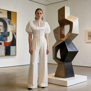 Camiseta Personalizable de Estilo Victoriano para Mujer, Elegante y Femenina, con Cuello Alto, Mangas Abullonadas con Volantes y Detalles de Tul Ligero - Product Image 1