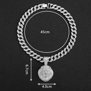 Fashion Iced Out 15mm Cuban Chain Jewelry Alloy With Rhinestone Hip Hop Lion Pendant Necklace