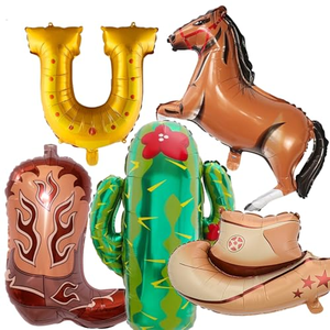 Globos de Aluminio con Diseño de Vaquero y Carreras de Caballos, Sombrero y Botas de Vaquero, en Tonos Polvo y Marrón, Venta al por Mayor - Product Image 1