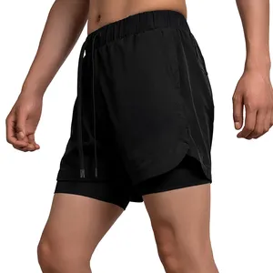 Shorts masculinos para academia, verão personalizado, esportes ativo, secagem rápida, poliéster, com cordão, para corrida 2 em 1