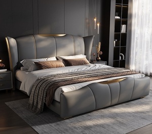 سرير ملكي عصري رائج للزفاف، سرير معدني مبطن، سرير كوين مزدوج من الجلد الصناعي، إطار خشبي، أثاث غرفة نوم جديد بالجملة - Product Image 1