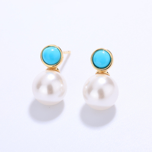 Pendientes de Perlas Blancas Turquesa con Baño de Oro de 18K y Cobre para Mujer, Joyería Boho con Bisel Redondo y Perlas Colgantes, Regalo - Product Image 3