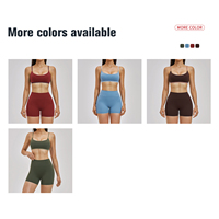 Set Celana Pendek Yoga Biru Wanita, Bra Olahraga Pinggang Tinggi, Pakaian Aktif untuk Fitness