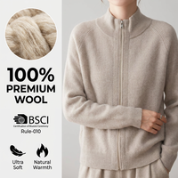 Cardigan zippé en laine 100 % premium pour femme, col montant côtelé, style luxe discret, pour la vente en gros