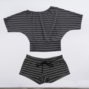Women's Gray Stripe Sexy Bodycon Two-Piece Asymmetrical Off-Shoulder Crop Top and Drawstring Shorts <b>Set</b> for Summer Streetwear - Product Image 6