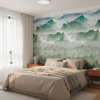 Papier peint moderne auto-adhésif écologique en soie, paysage de montagne verte brumeuse, imperméable, pour mur de maison