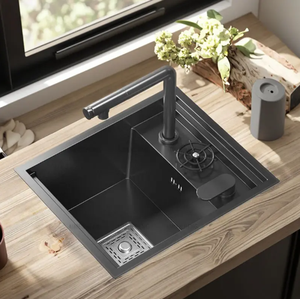 Évier de <span class=keywords><strong>cuisine</strong></span> encastré en acier inoxydable, fabrication industrielle, cuve unique, finition nano noire, robinet design moderne, garantie 5 ans, à poser sur comptoir - Product Image 6