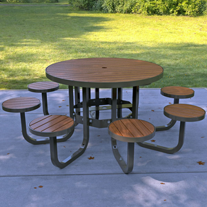 Muebles de exterior modernos, mesa de pícnic redonda, asiento adjunto, marco de Metal duradero, juego de mesa superior de madera con agujero para comercio público - Product Image 4