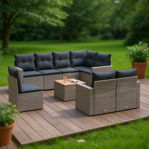 Conjunto de Sofá de Jardín de Ratán Gris y Marrón, 6 Plazas, Resistente a la Intemperie, Muebles de Exterior de Diseño Contemporáneo - Product Image 2