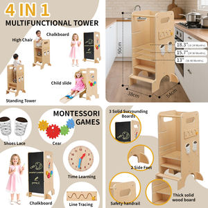 Tour de jeu <span class=keywords><strong>pliable</strong></span> en bois Montessori pour enfants, table 5 en <span class=keywords><strong>1</strong></span> avec dossier, <span class=keywords><strong>marchepied</strong></span> de cuisine pour tout-petits, toboggan, tableau noir - Product Image 2