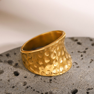 Exaggerated Wide Hammered Concave <b>Ring</b> 18k Stainless Steel Unisex Party Jewelry U Shape Gold Tone - Product Image 4