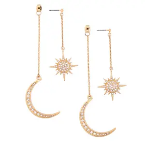 Hypoallergenic Jewelry Wholesale Long 18 k Gold Plated Moon Star Rhinestone Zirconia Korean Earrings Necklace aretes largos 2022