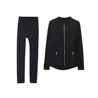Jaket dan Legging Yoga Grosir untuk Lari, Gym, Yoga, Cepat Kering, Bernapas, dengan Ritsleting Emas, Set Pakaian Olahraga Atletik