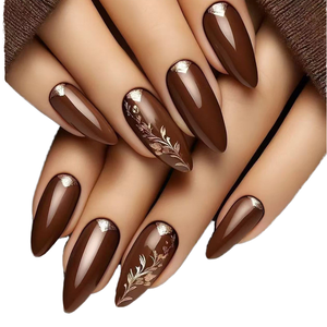 Pegatinas <span class=keywords><strong>de</strong></span> <span class=keywords><strong>Uñas</strong></span> ABS con Diseño <span class=keywords><strong>de</strong></span> Guirnalda Dorada Brillante en Color Marrón Oscuro, 24 Piezas, Desmontables, Tipo Presión, Forma <span class=keywords><strong>de</strong></span> Almendra Francesa, Larga Duración - Product Image 1