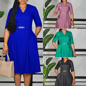 D3335 Robes d'été pour femmes, design tendance, élégantes, à manches courtes, col rabattu, <span class=keywords><strong>robe</strong></span> <span class=keywords><strong>de</strong></span> bureau pour femmes, décontractée - Product Image 2