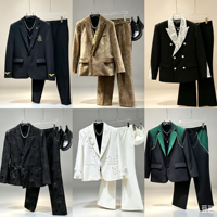 Ensemble de costume 2 pièces pour homme, coupe courte, de luxe, avec blazer orné de perles et de pompons et pantalon large, idéal pour mariage, fête, scène, grandes tailles, vente en gros