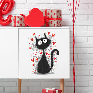 Autocollants muraux créatifs et romantiques en forme de chat noir avec cœur rouge, en vinyle, pour <span class=keywords><strong>chambre</strong></span> à coucher, salle de bain, salon - Product Image 6