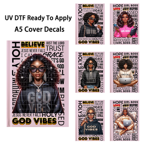 Pegatinas <span class=keywords><strong>de</strong></span> transferencia duraderas para cubiertas <span class=keywords><strong>de</strong></span> cuadernos A5, diseño <span class=keywords><strong>de</strong></span> chica motivacional, <span class=keywords><strong>Black</strong></span> Magic UV DTF, listas para aplicar. - Product Image 1