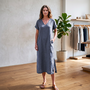 Robe d'été en lin biologique, col en V, fente latérale, coupe ample, poches, tenue minimaliste pour les vacances à la plage, taille plus - Product Image 2