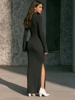Robe longue en tricot décontractée pour femmes de haute qualité, automne-hiver, col montant à demi-zip, fente latérale, robe moulante maxi pour tous les jours