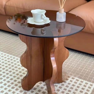 Mesa Auxiliar de Estilo Retro Francés con Pétalos, Mesa de Centro de Madera Maciza con Vidrio Templado en Forma de Ola, Redonda de 50 cm de Diámetro, Moderna para Sala de Estar - Product Image 4