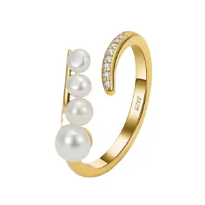 RINNTIN GPR07 Fahion Trendy Jewelry 925 Silver 14K Gpld Plated Rings With Pearl & CZ Baroque Freshwater Pearl Rings