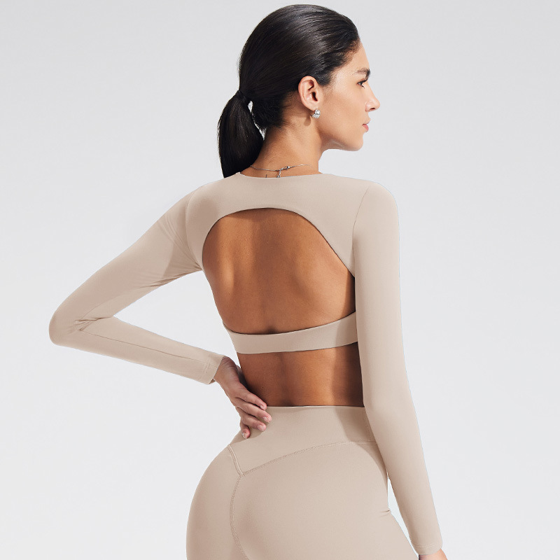 Women Hollow Back Long Sleeve Sports Top Breathable Tight Fit Yoga Workout Fitness Training Crop