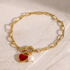 Heart Shape Pearl Charm <b>Bracelet</b> For Women Gold Chain With <b>Red</b> Heart Pendant Gift Jewelry Fashion Accessory - Product Image 3