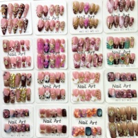 TSZS 10 pièces Faux ongles à presser longs imprimé léopard faits main, de luxe, avec fleurs 3D marron et perles dorées décorées, réutilisables