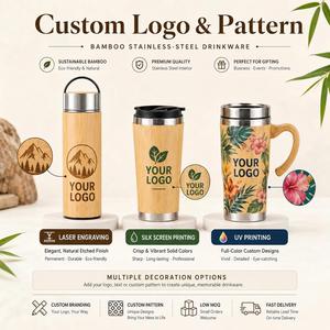 Bouteille d'eau isotherme en acier inoxydable avec logo gravé au laser personnalisé, en bambou naturel, pour cadeaux promotionnels en gros - Product Image 4
