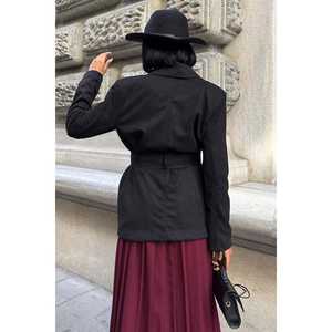 Blazer en daim vintage boutonné avec ceinture, noir, manches longues, veste d'automne pour femme, daim de vache - Product Image 5