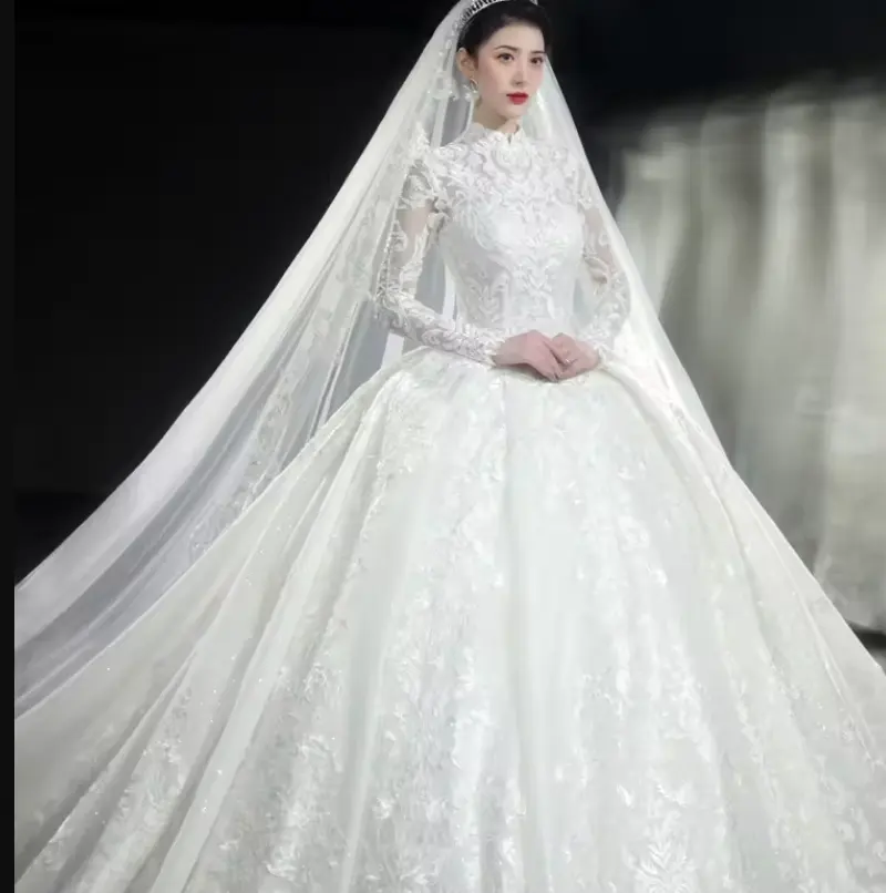 Long Sleeve French Light Main Wedding Dress 2024 New Winter Bridal Wedding Temperament Dream Star Trailing Wedding Dress