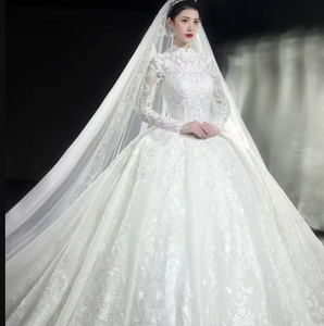 white christmas dresses Long Sleeve Red Ball Gown Wedding Dress for Muslim Bride 66591 High Ne –  Viniodress main image 1