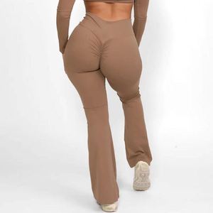 Pantalon de yoga évasé taille haute pour <span class=keywords><strong>femme</strong></span>, coupe palazzo longue et douce, effet froncé aux fesses, legging bootcut, pantalon de survêtement large à jambe évasée, couleur unie - Product Image 6