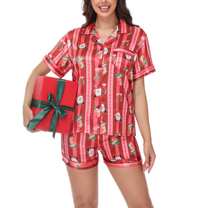 Ensemble <span class=keywords><strong>de</strong></span> <span class=keywords><strong>pyjama</strong></span> en satin pour femmes avec imprimé <span class=keywords><strong>de</strong></span> Noël, manches courtes et short, motif Père Noël, taille plus, vêtements <span class=keywords><strong>de</strong></span> nuit pour les fêtes - Product Image 3