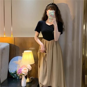 French Style Chic V Neck Elastic Waist Patchwork Dress For Women Summer Casual Daily Wear Khaki Solid Color - Product Image 4