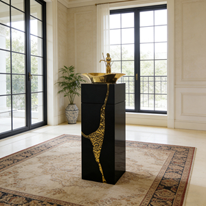 Lavabo su Colonna Artistico di Alta Gamma con Motivo Leopardato Dorato in Fibra di Vetro per Bagni di Lusso - Product Image 1