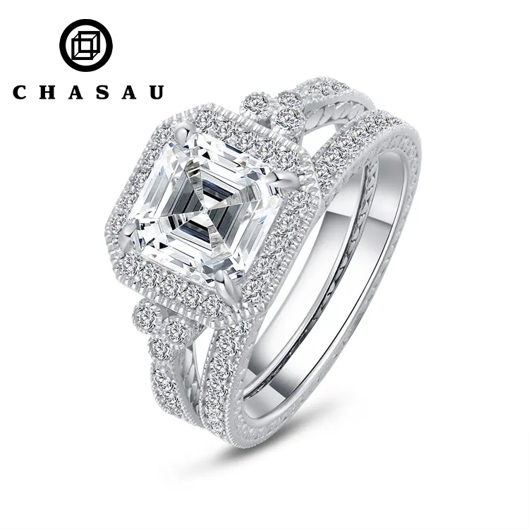 Großhandels preis 3 Karat Asscher Cut Zirkonia Sterling Silber Braut Set Platini ert 2 Stück Vintage Verlobung sring