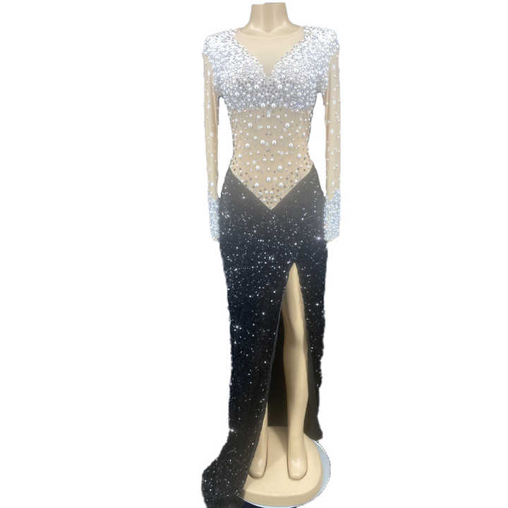 long cool woman in a black dress the hollies Color:ENGLISH VIOLET priority-01-scallop-sequin-v-neck-ankle-gown-lavender KIZN Elegant Shimmer Knit