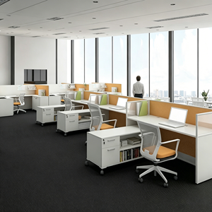 Postazione di Lavoro per Ufficio con Mobiletto, Scrivania Modulare con Partizione in Vetro, Tavolo per Personale - Product Image 5
