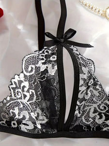 Bloemenkant sexy lingerie strik open split cup intieme bh en strings sets kruisloos ondeugend seksoutfit damesondergoed - Product Image 4