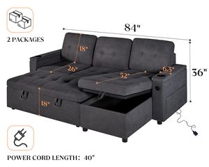 Sofá <span class=keywords><strong>Cama</strong></span> Plegable Chino con Puerto de Carga USB, Portavasos, Sofá Seccional en Forma de L con Espacio de Almacenamiento, Cómodo - Product Image 2