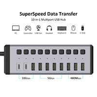 Hub USB-C multiport 10-en-1, vitesse 10 Gbit/s, interrupteurs individuels marche/arrêt, répartiteur USB alimenté 36 W pour ordinateur portable, ordinateur de bureau, tablette